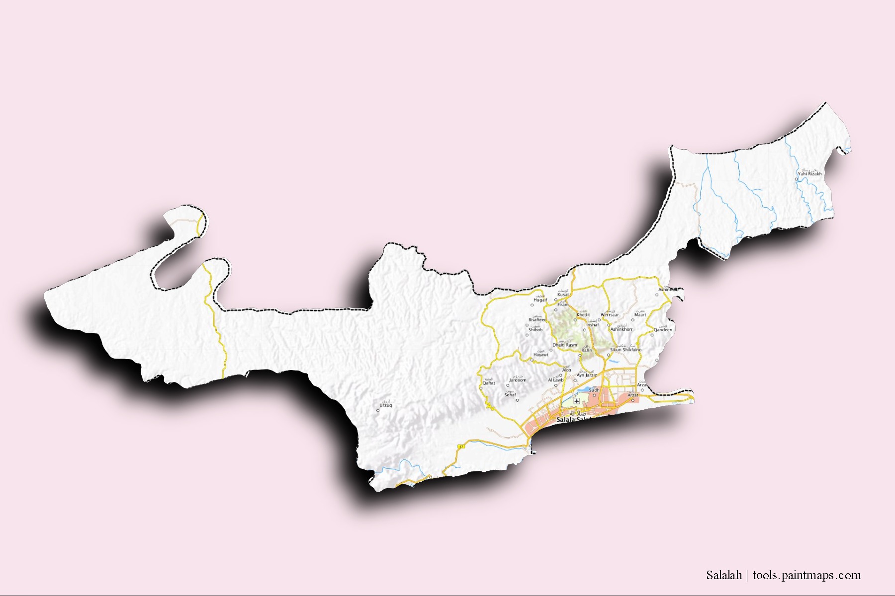 Salalah neighborhoods and villages map with 3D shadow effect