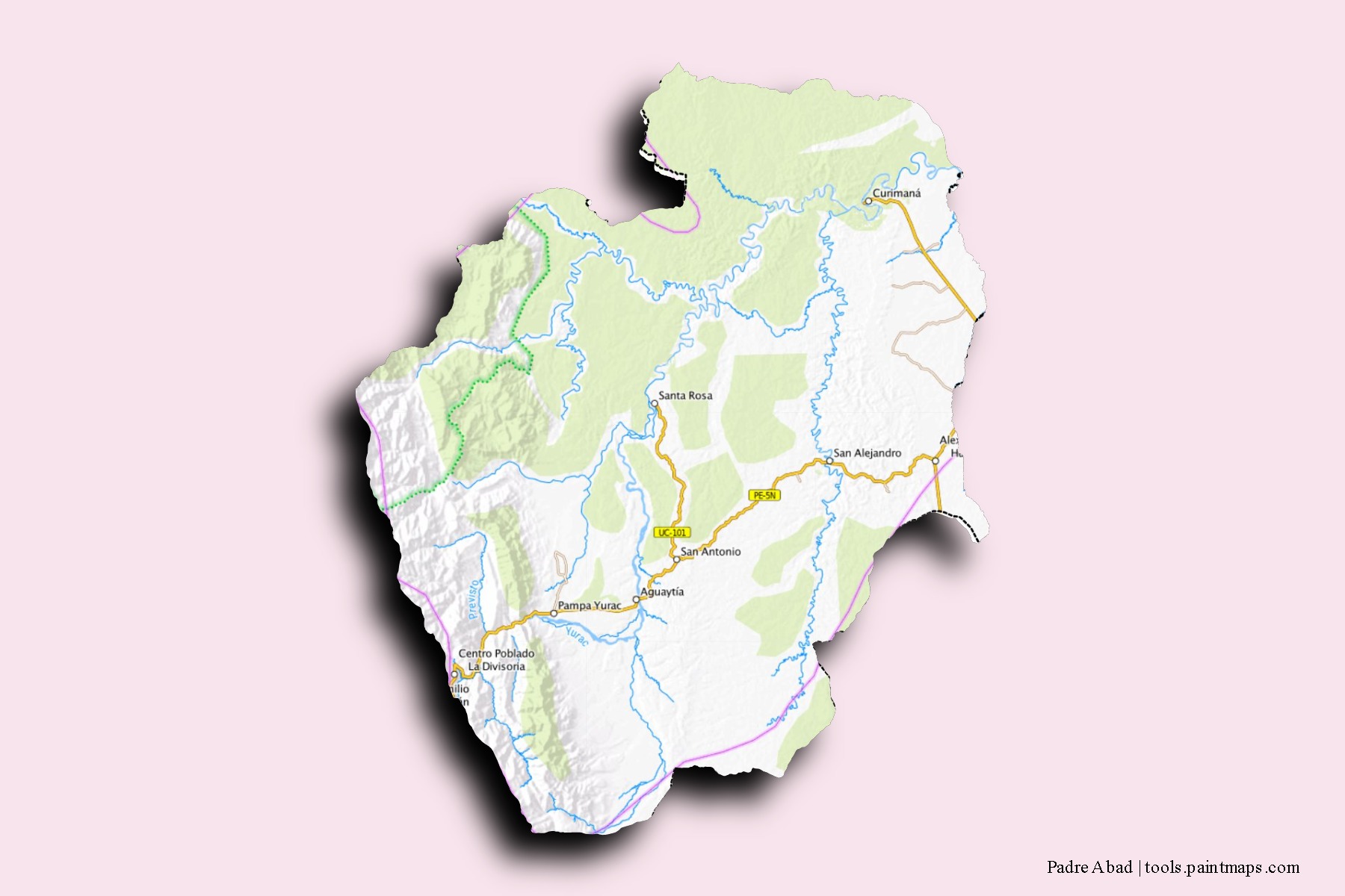 Mapa de barrios y pueblos de Padre Abad con efecto de sombra 3D