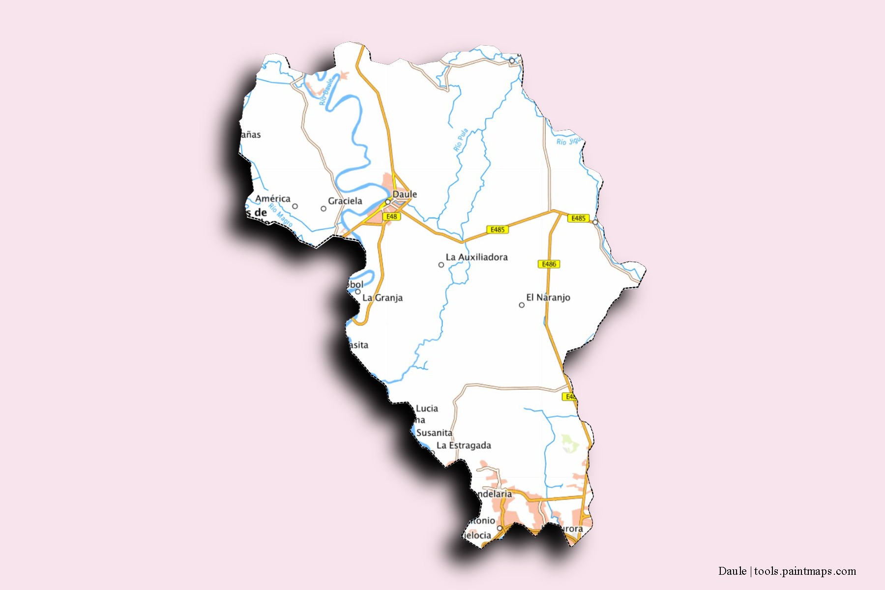 Mapa de barrios y pueblos de Daule con efecto de sombra 3D