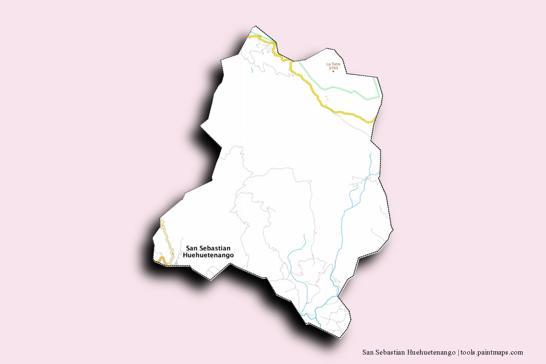 Mapa de barrios y pueblos de San Sebastian Huehuetenango con efecto de sombra 3D