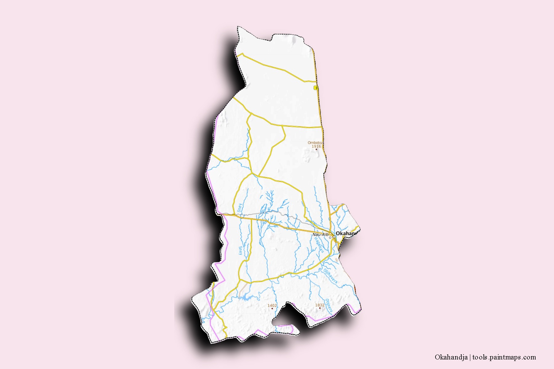 Mapa de barrios y pueblos de Okahandja con efecto de sombra 3D