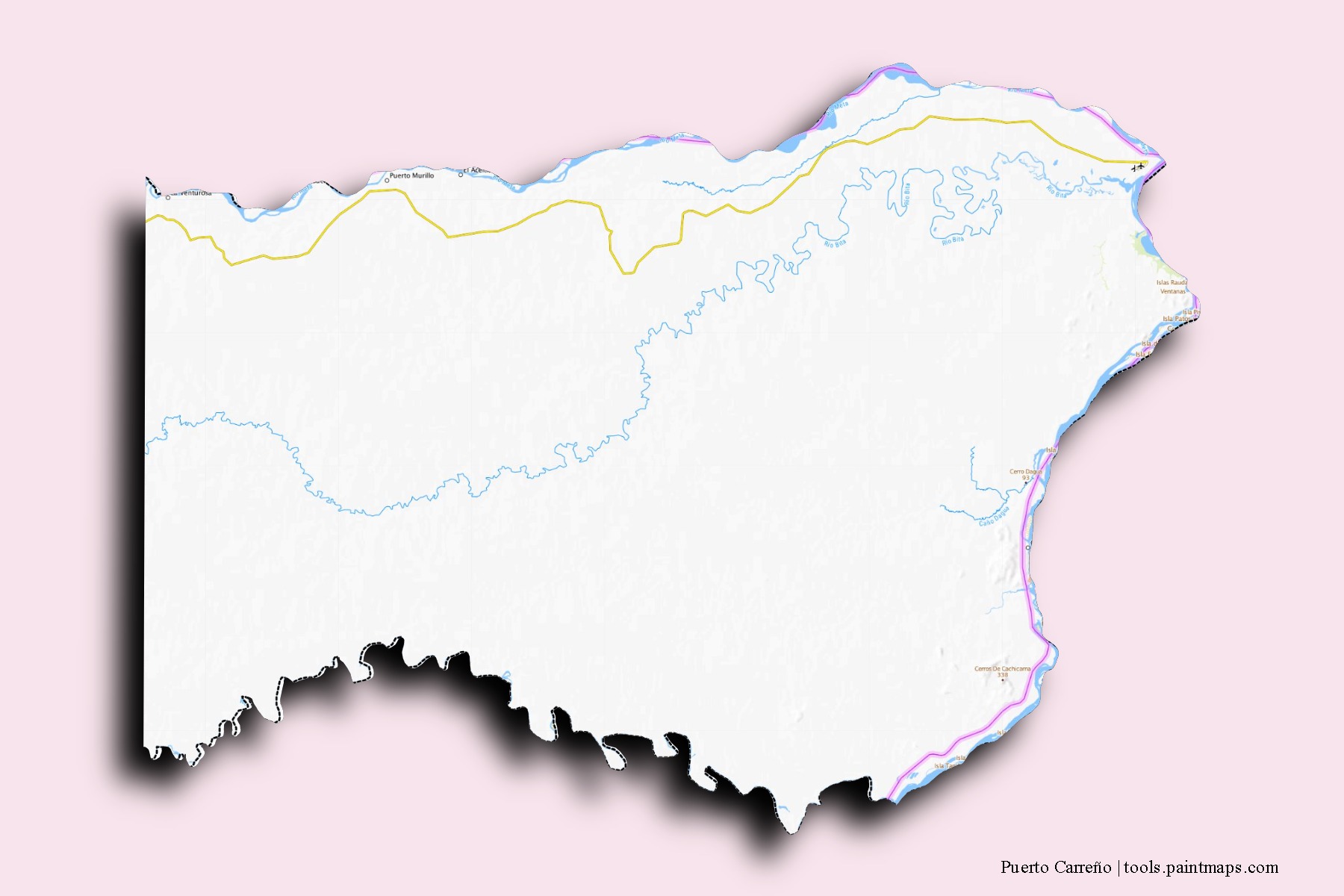 Puerto Carreño neighborhoods and villages map with 3D shadow effect