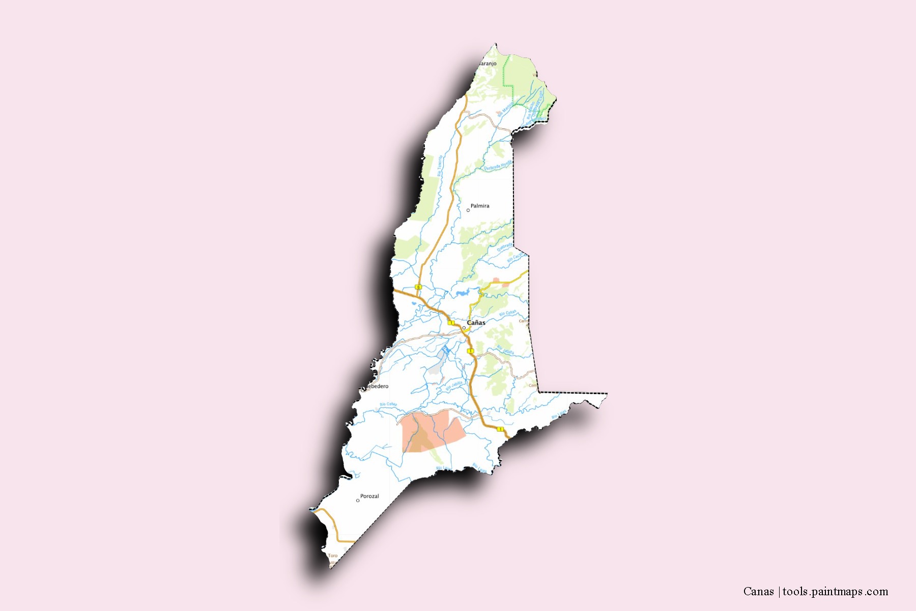 Mapa de barrios y pueblos de Canas con efecto de sombra 3D