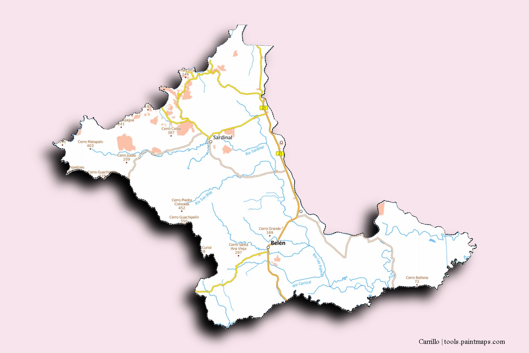 Mapa de barrios y pueblos de Carrillo con efecto de sombra 3D