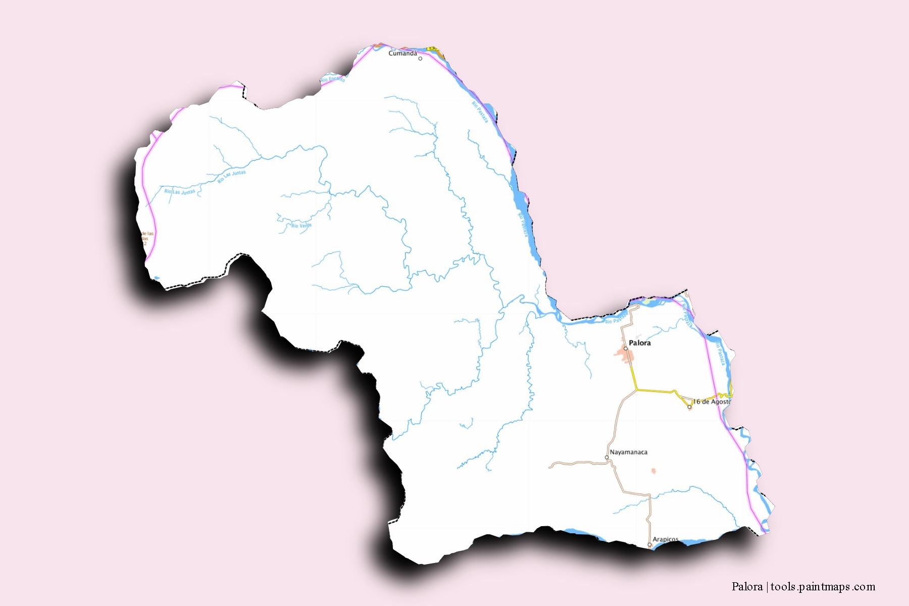 Mapa de barrios y pueblos de Palora con efecto de sombra 3D