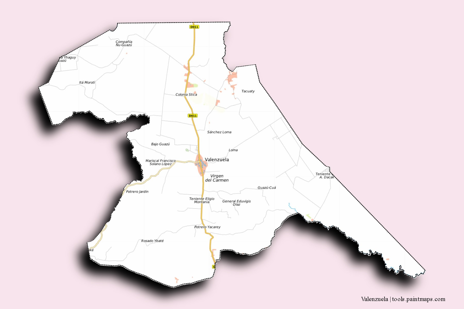 Mapa de barrios y pueblos de Valenzuela con efecto de sombra 3D