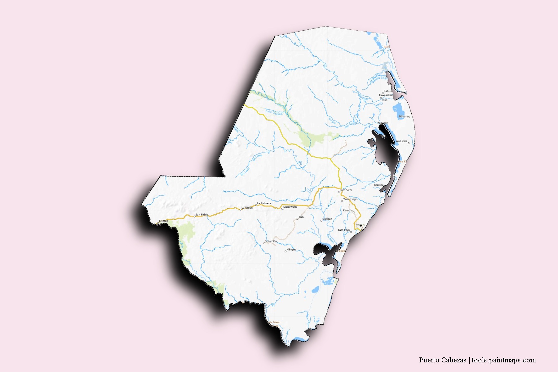 Mapa de barrios y pueblos de Puerto Cabezas con efecto de sombra 3D