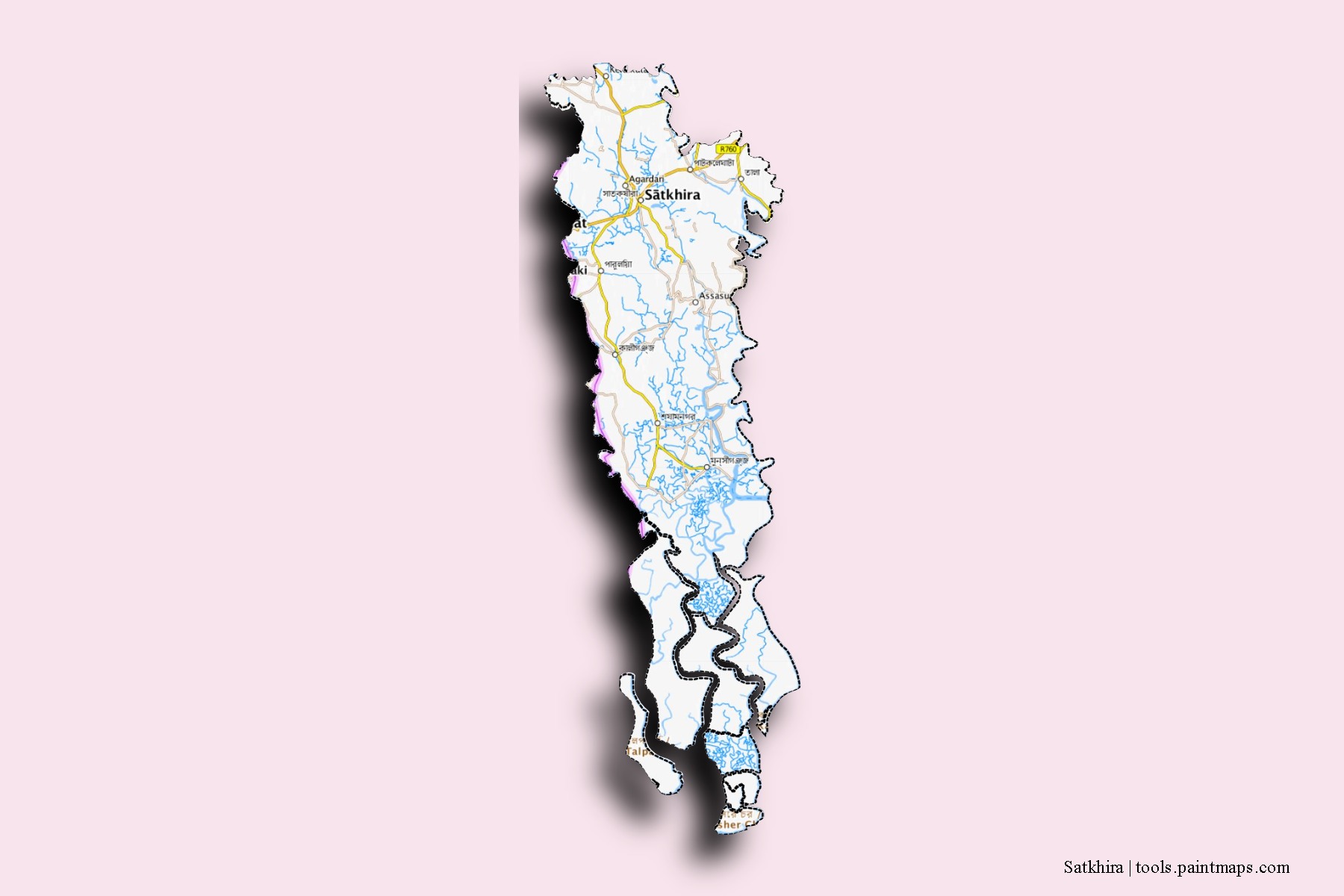 Satkhira neighborhoods and villages map with 3D shadow effect