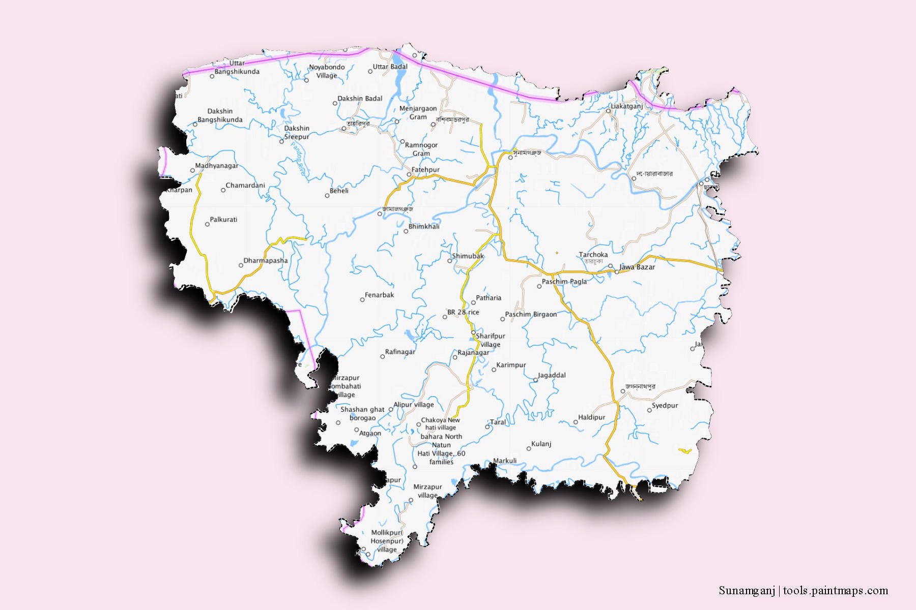 Mapa de barrios y pueblos de Sunamganj con efecto de sombra 3D