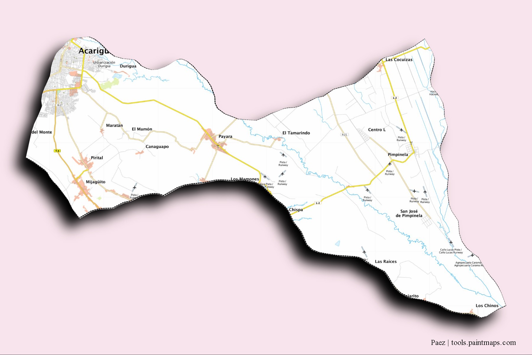 Mapa de barrios y pueblos de Paez con efecto de sombra 3D