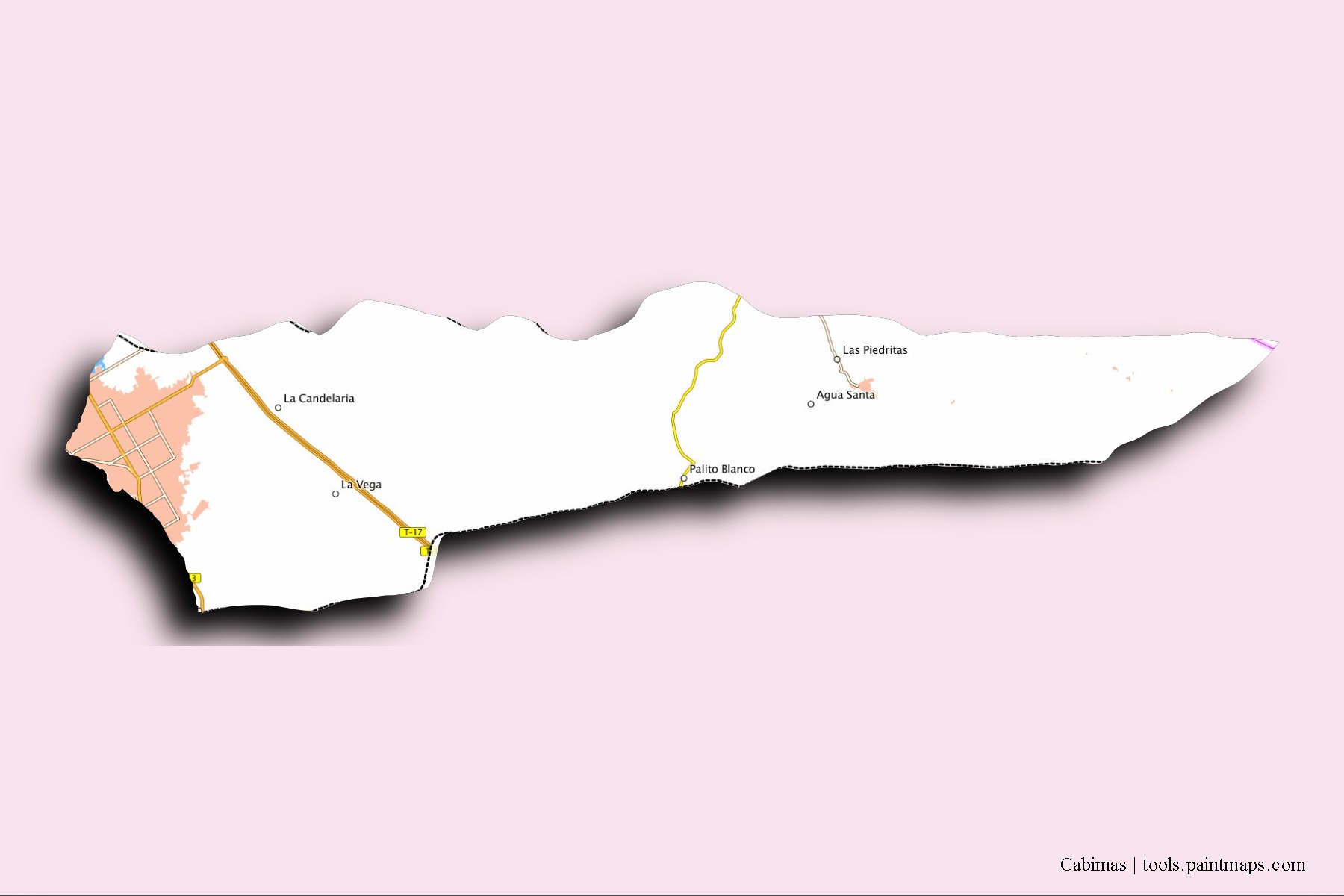 Mapa de barrios y pueblos de Cabimas con efecto de sombra 3D