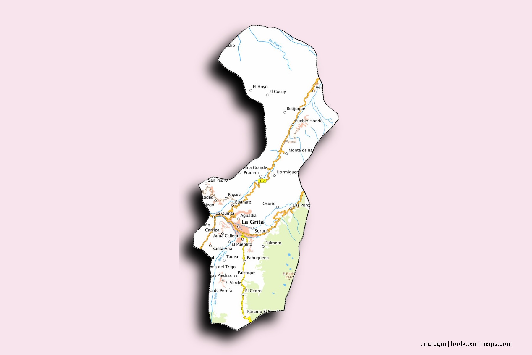 Mapa de barrios y pueblos de Jauregui con efecto de sombra 3D