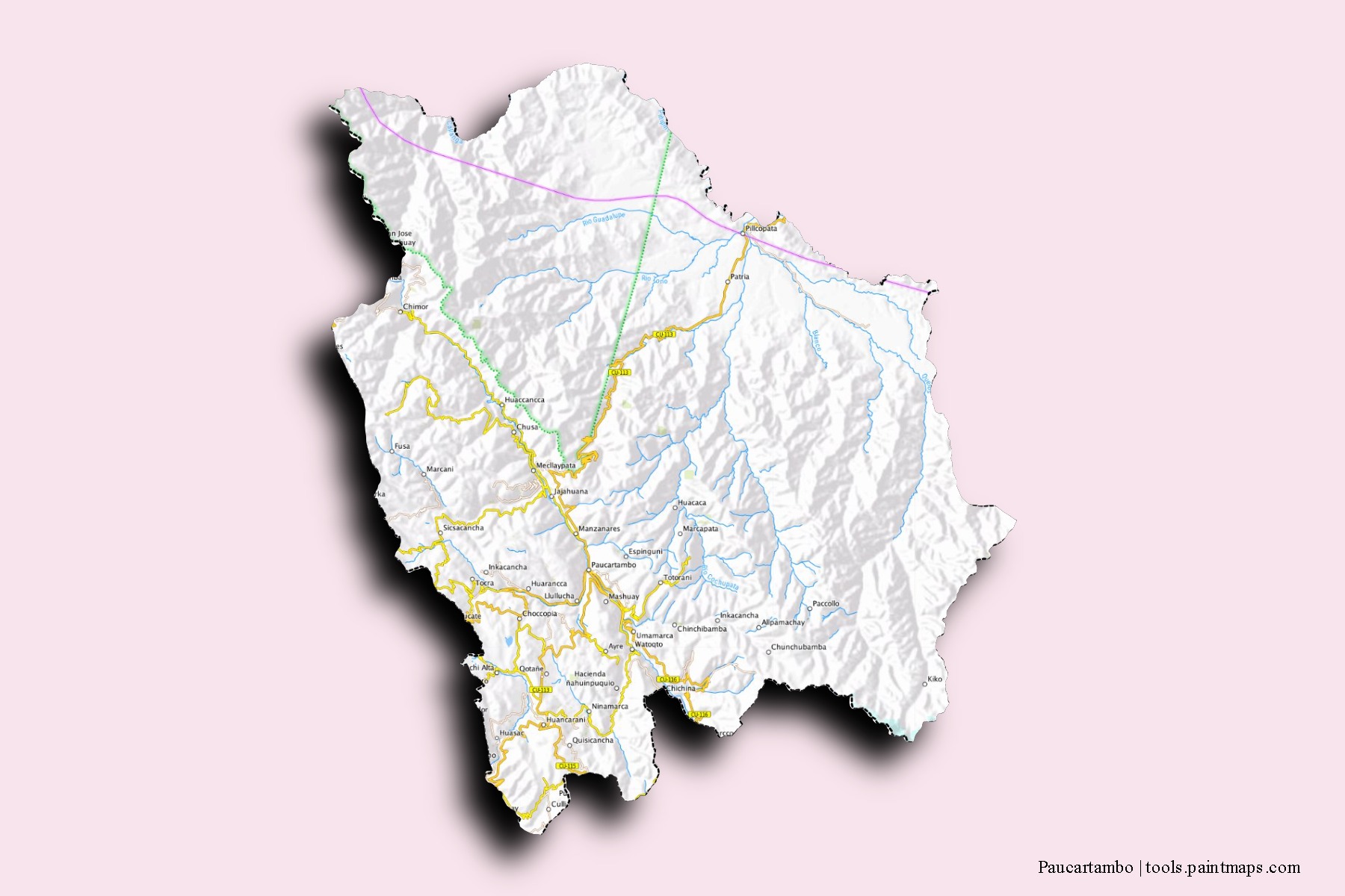 3D gölge efektli Paucartambo mahalleleri ve köyleri haritası