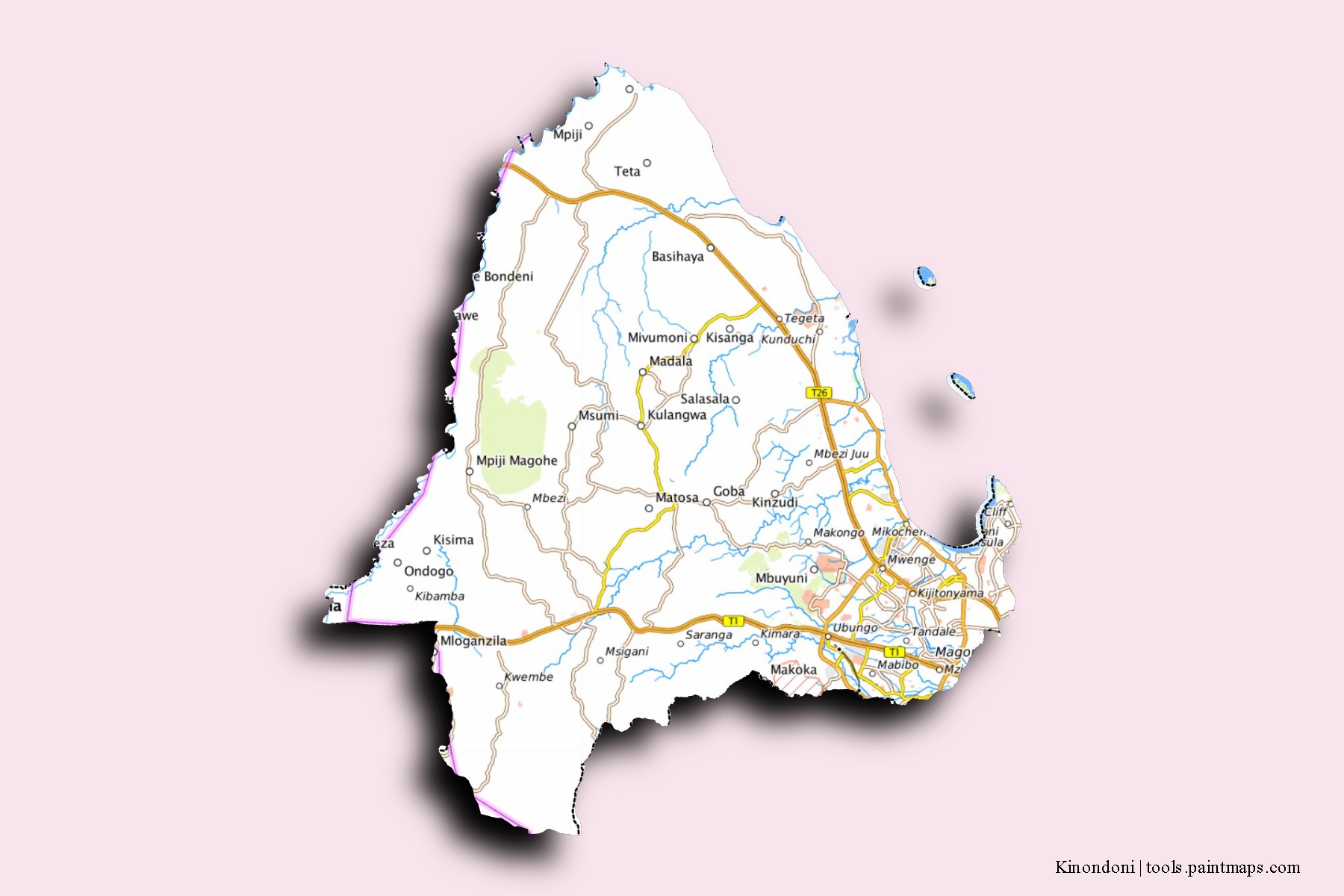 Kinondoni neighborhoods and villages map with 3D shadow effect