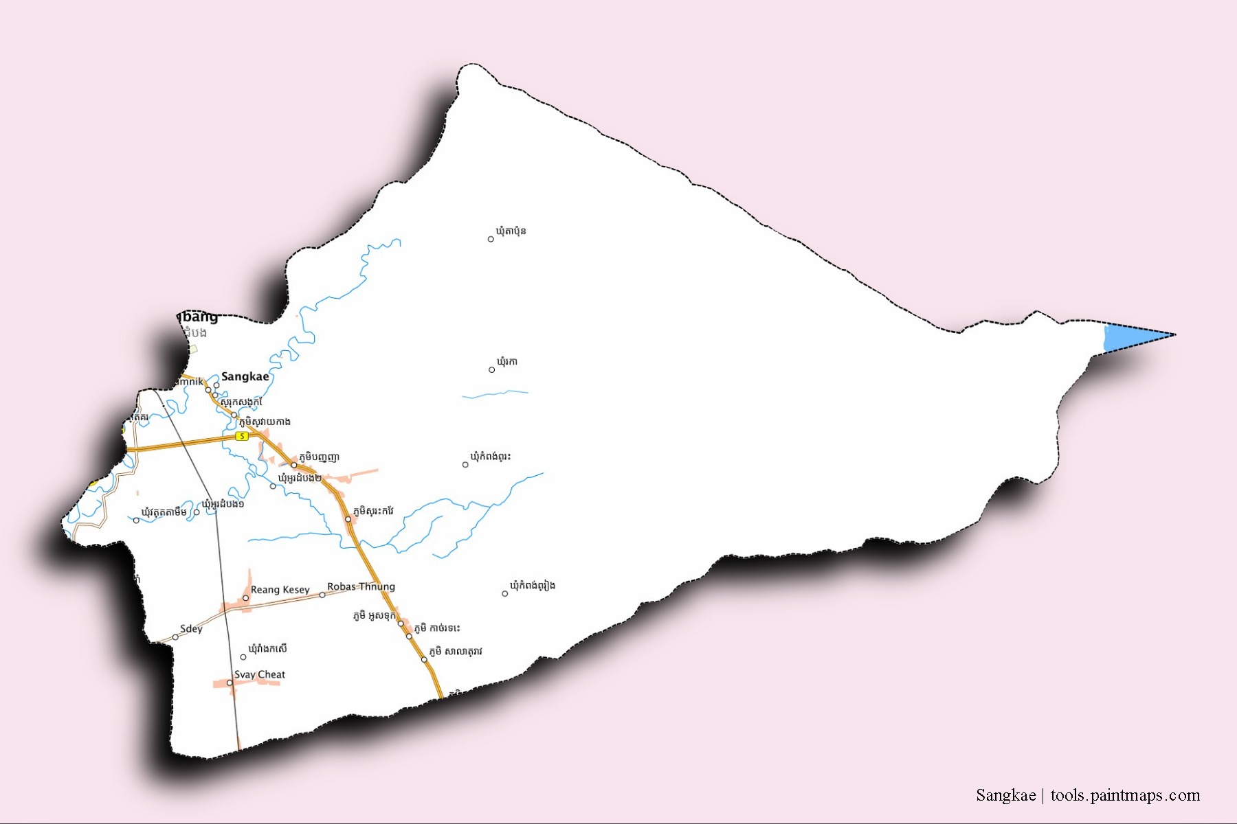 Sangkae neighborhoods and villages map with 3D shadow effect