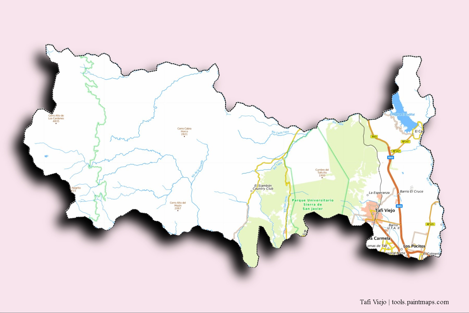 Mapa de barrios y pueblos de Tafi Viejo con efecto de sombra 3D