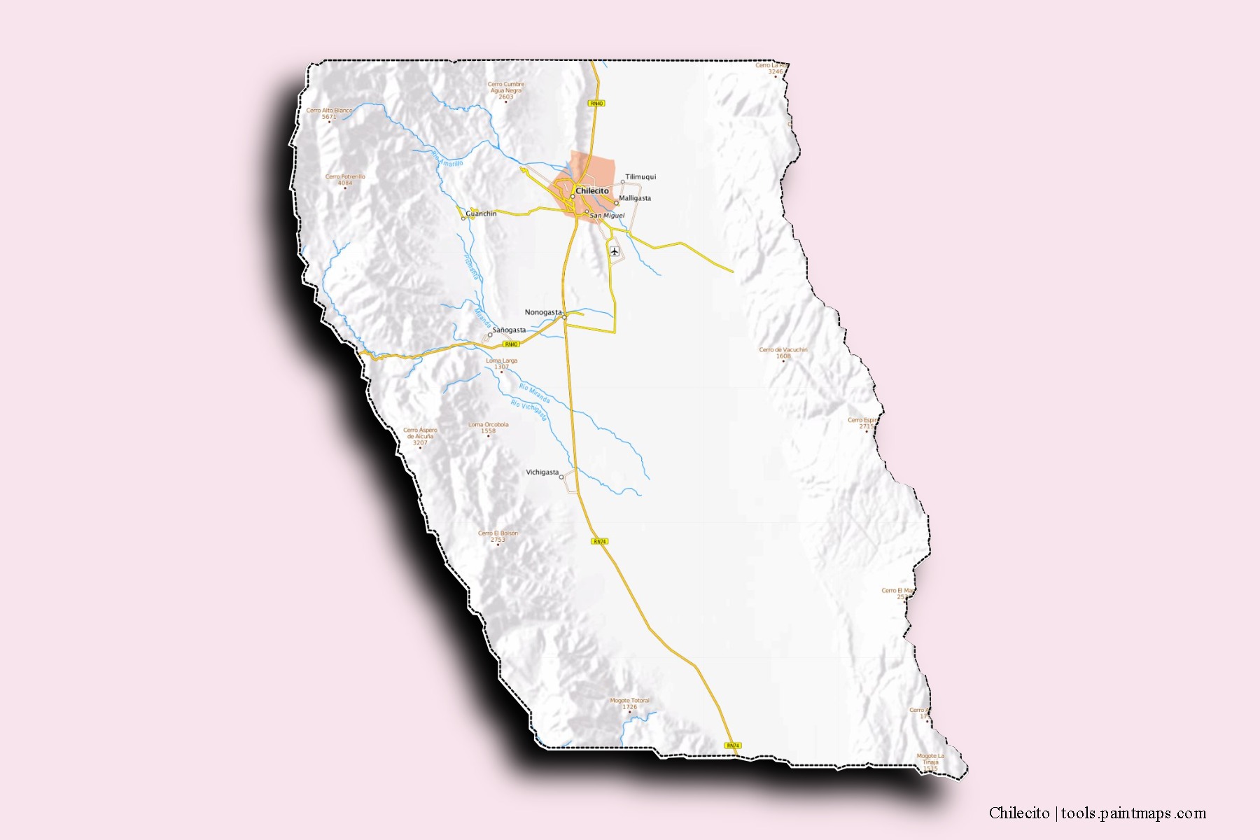 Mapa de barrios y pueblos de Chilecito con efecto de sombra 3D