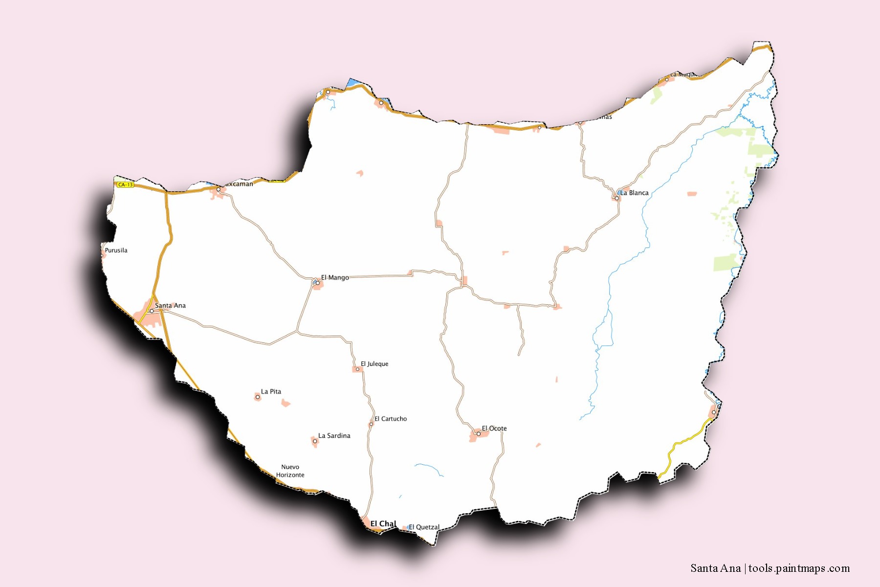 Mapa de barrios y pueblos de Santa Ana con efecto de sombra 3D