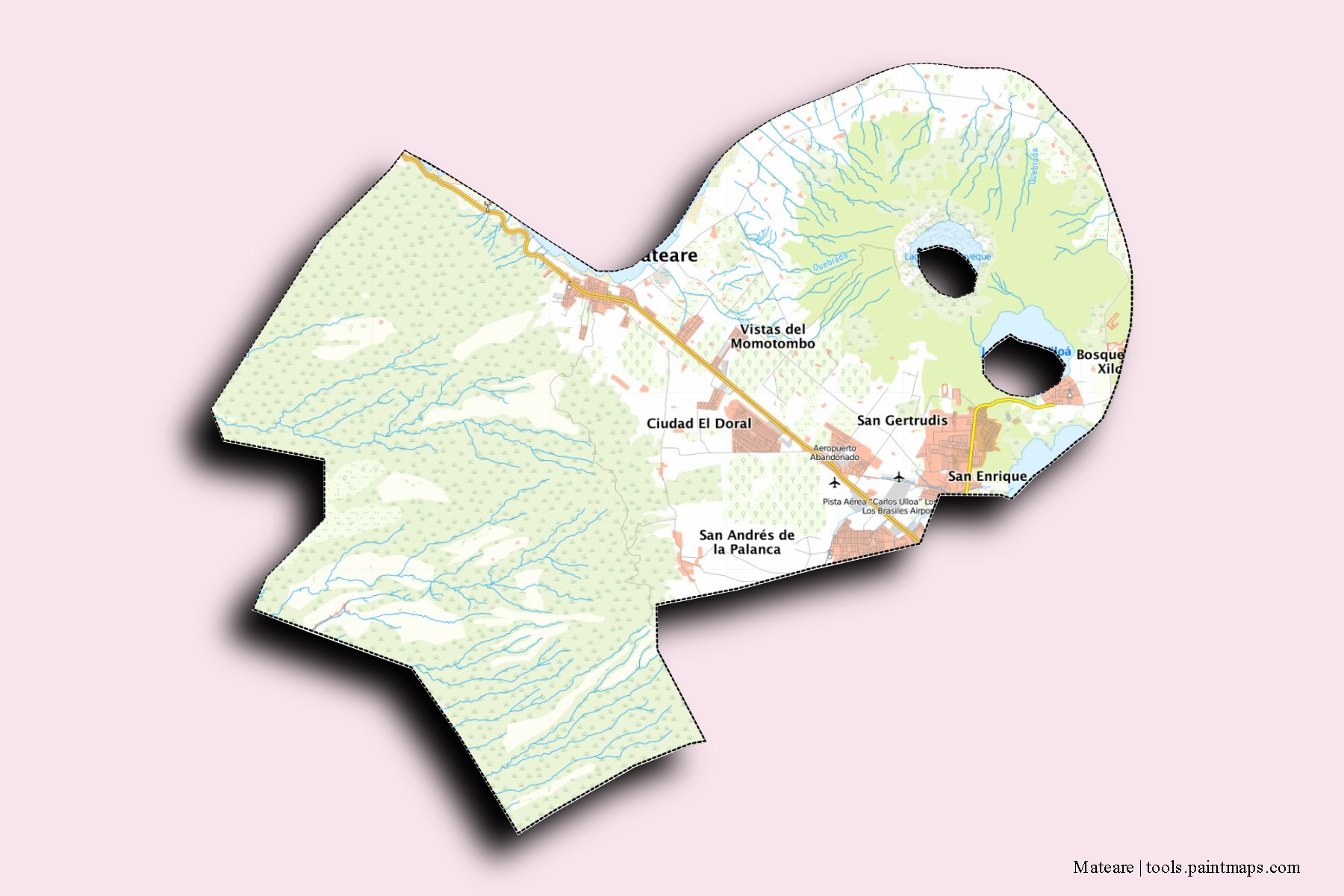 Mapa de barrios y pueblos de Mateare con efecto de sombra 3D