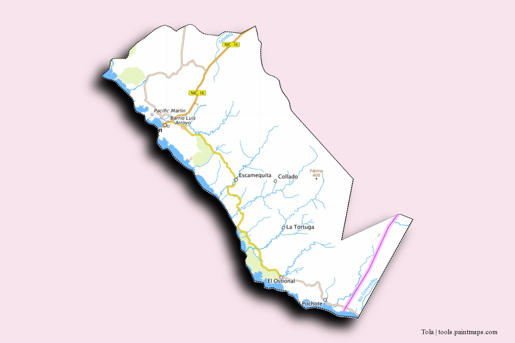 Mapa de barrios y pueblos de Tola con efecto de sombra 3D