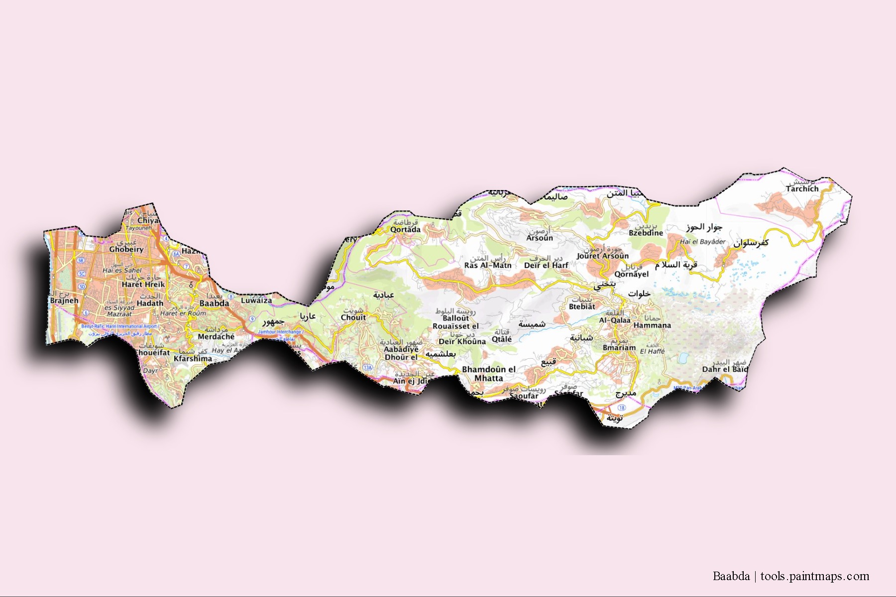 3D gölge efektli Baabda mahalleleri ve köyleri haritası