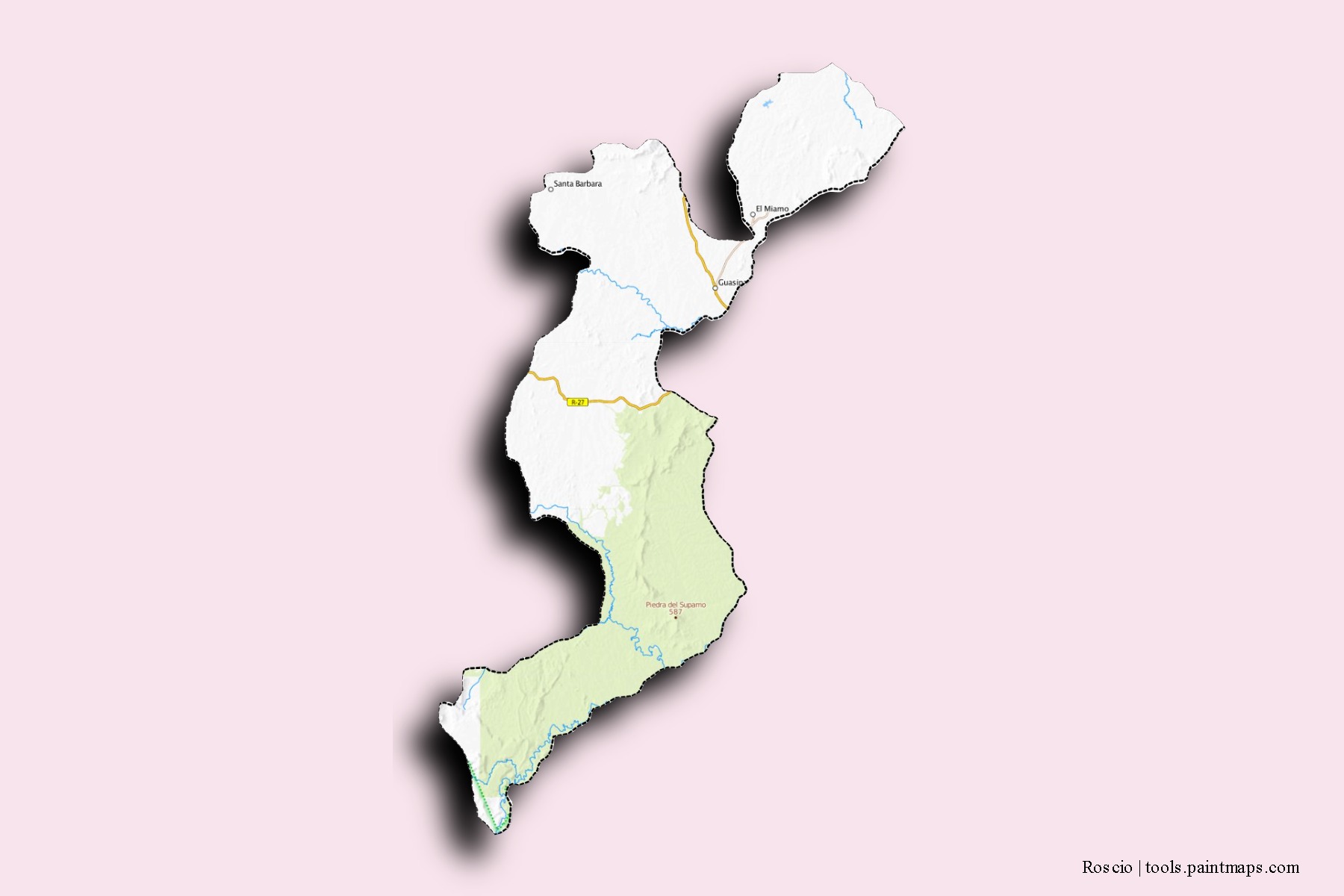 Mapa de barrios y pueblos de Roscio con efecto de sombra 3D