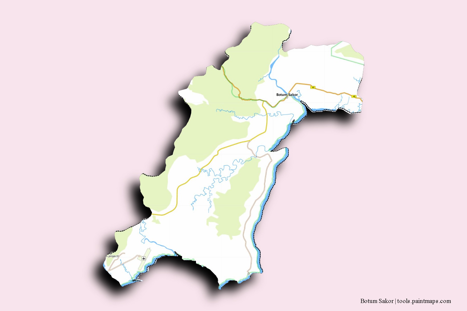 Mapa de barrios y pueblos de Botum Sakor con efecto de sombra 3D