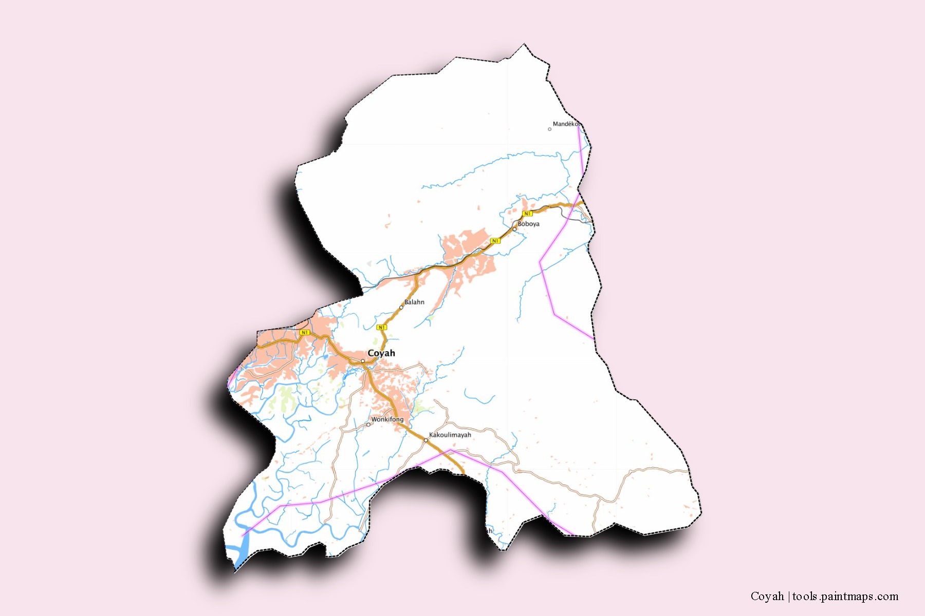 Mapa de barrios y pueblos de Coyah con efecto de sombra 3D