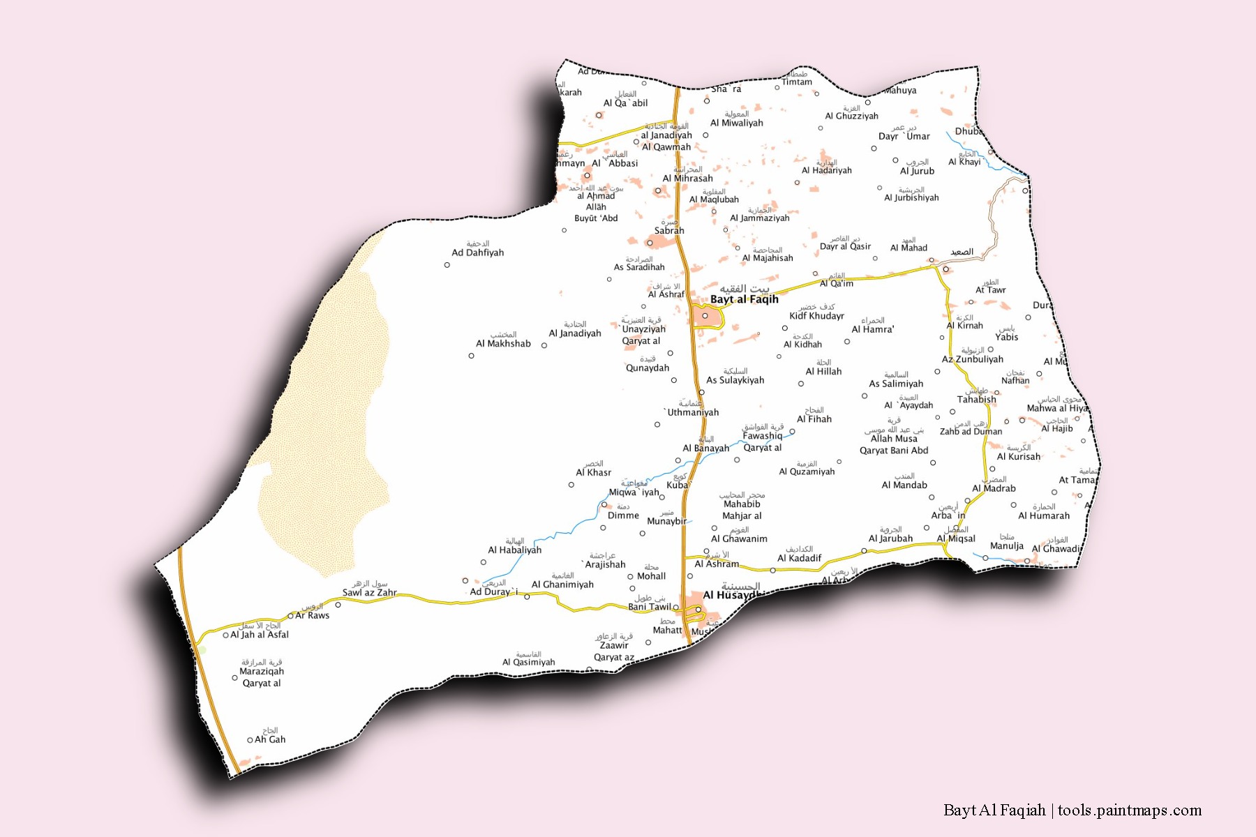 Mapa de barrios y pueblos de Bayt Al Faqiah con efecto de sombra 3D