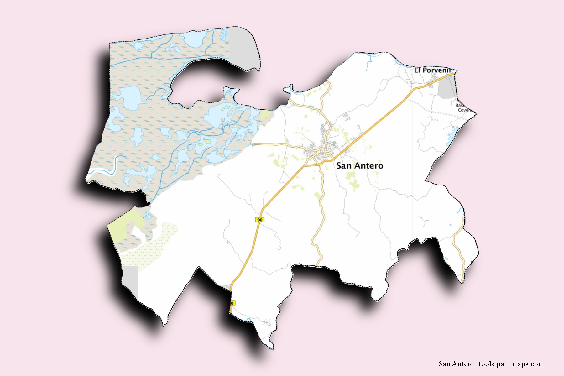 Mapa de barrios y pueblos de San Antero con efecto de sombra 3D