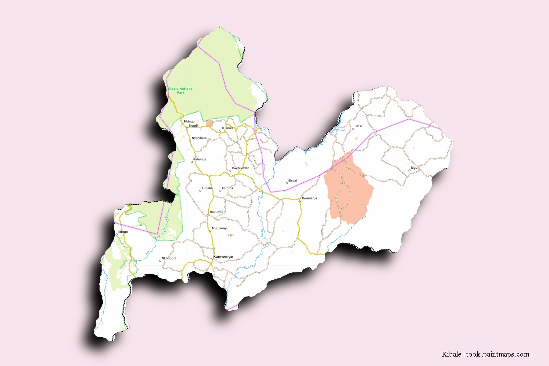 Kibale neighborhoods and villages map with 3D shadow effect