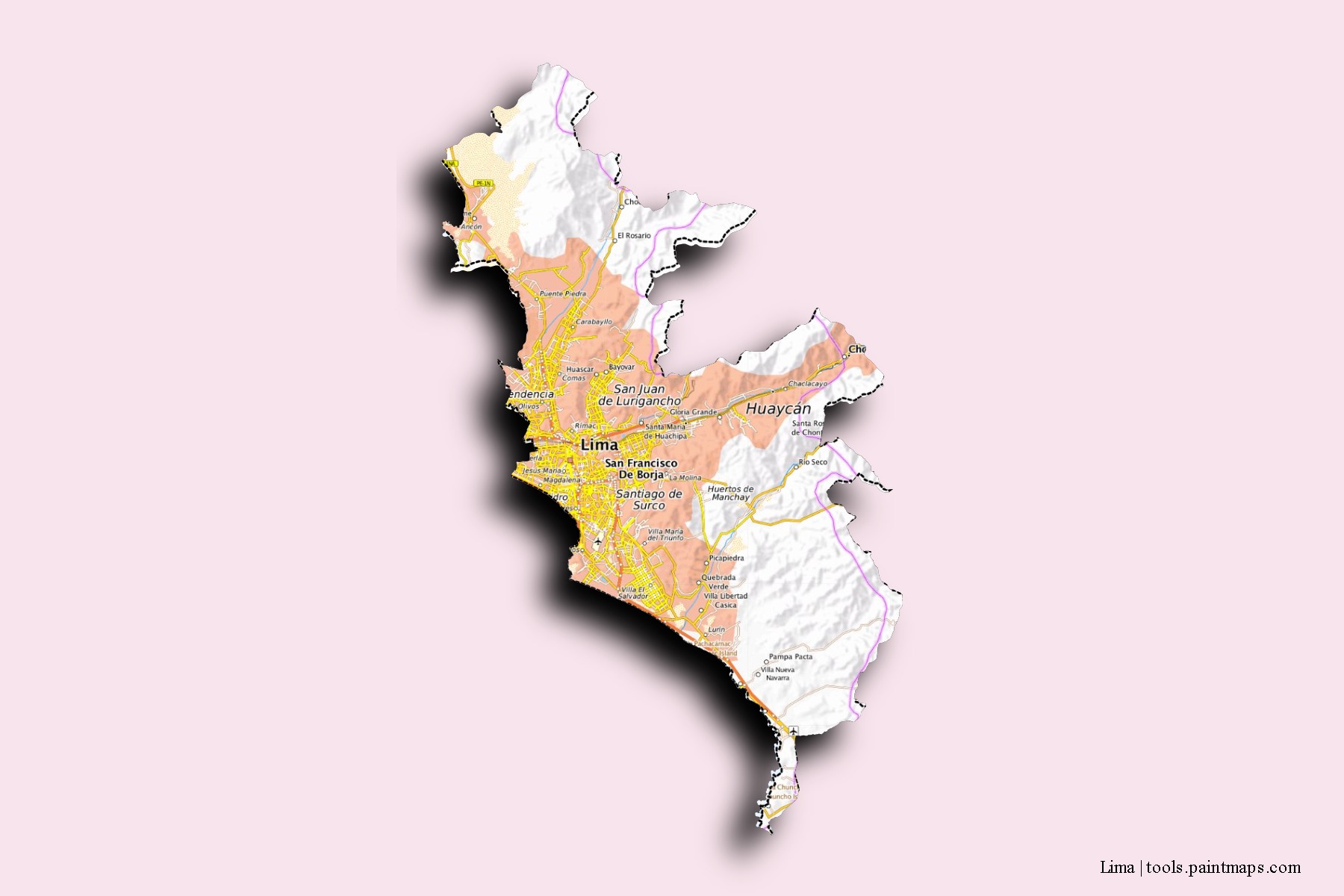 Mapa de barrios y pueblos de Lima con efecto de sombra 3D