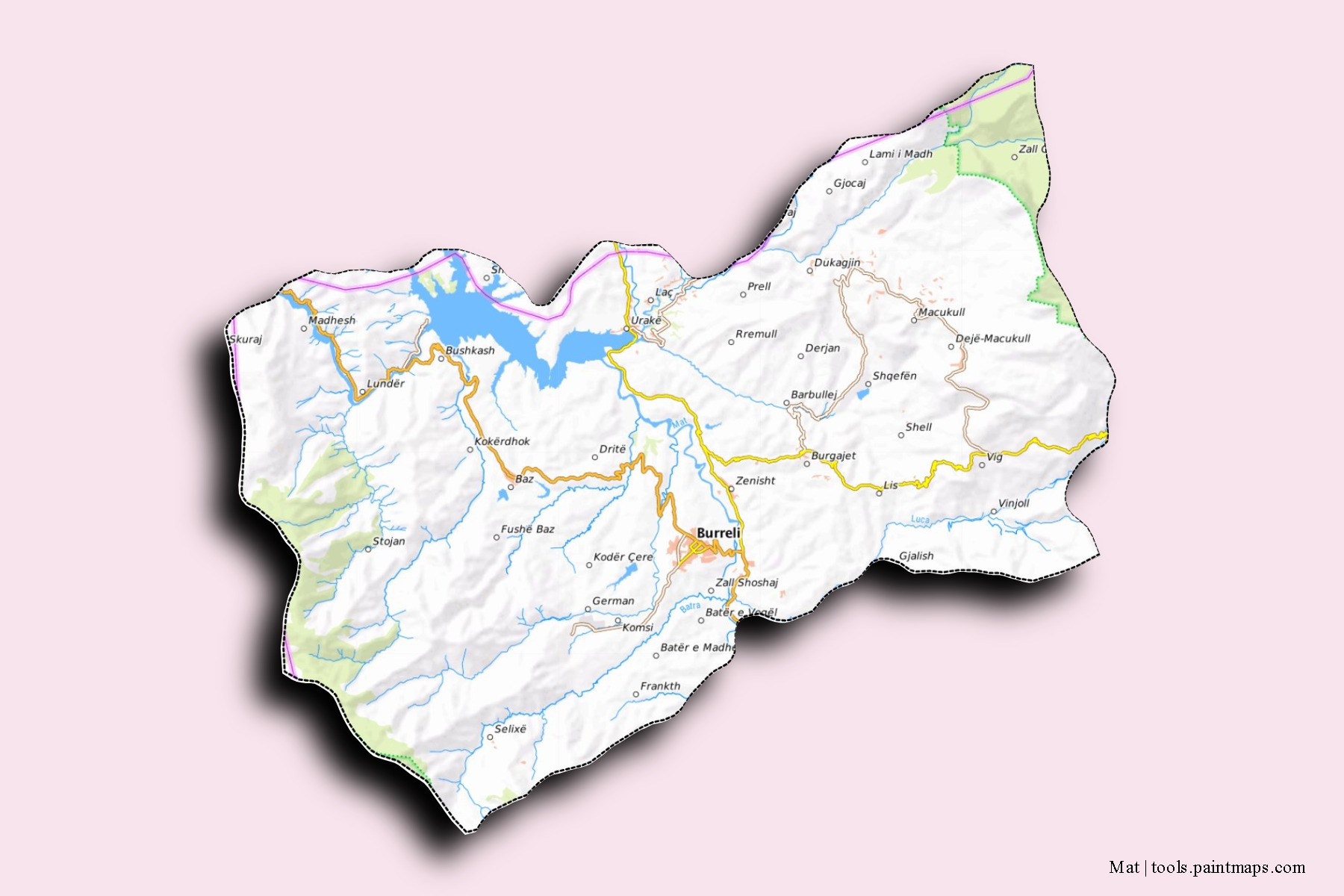 Mapa de barrios y pueblos de Mat con efecto de sombra 3D