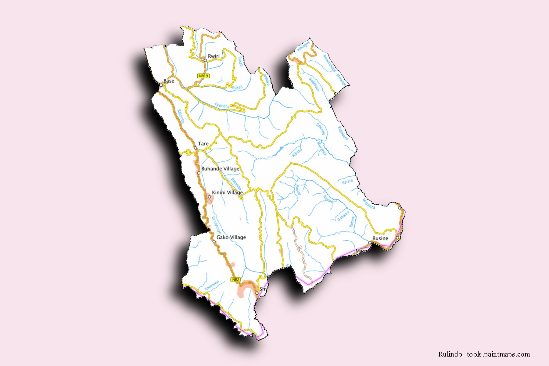 Mapa de barrios y pueblos de Rulindo con efecto de sombra 3D