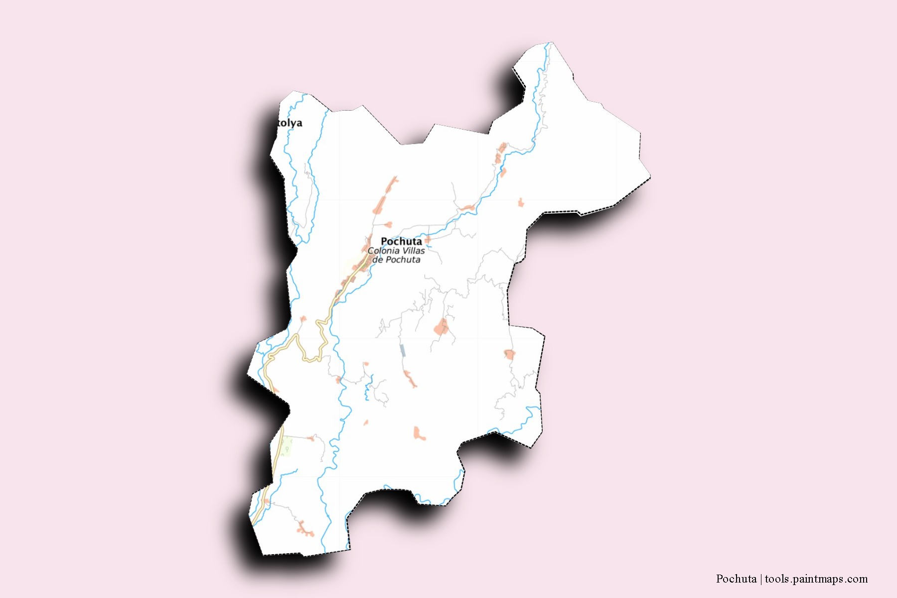 Mapa de barrios y pueblos de Pochuta con efecto de sombra 3D