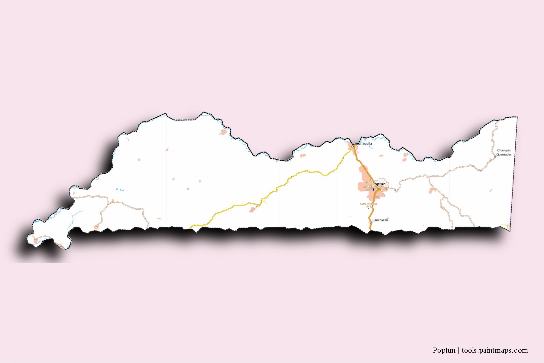 Mapa de barrios y pueblos de Poptun con efecto de sombra 3D