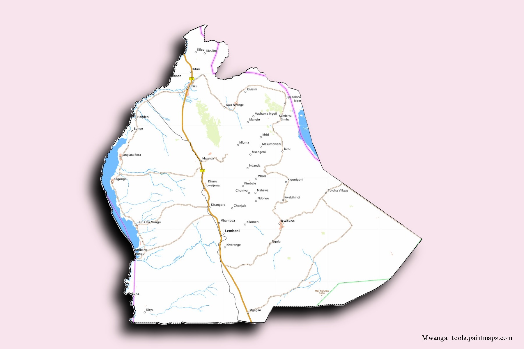 Mwanga neighborhoods and villages map with 3D shadow effect