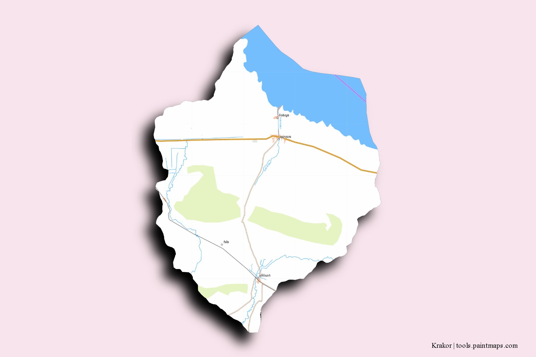 Mapa de barrios y pueblos de Krakor con efecto de sombra 3D