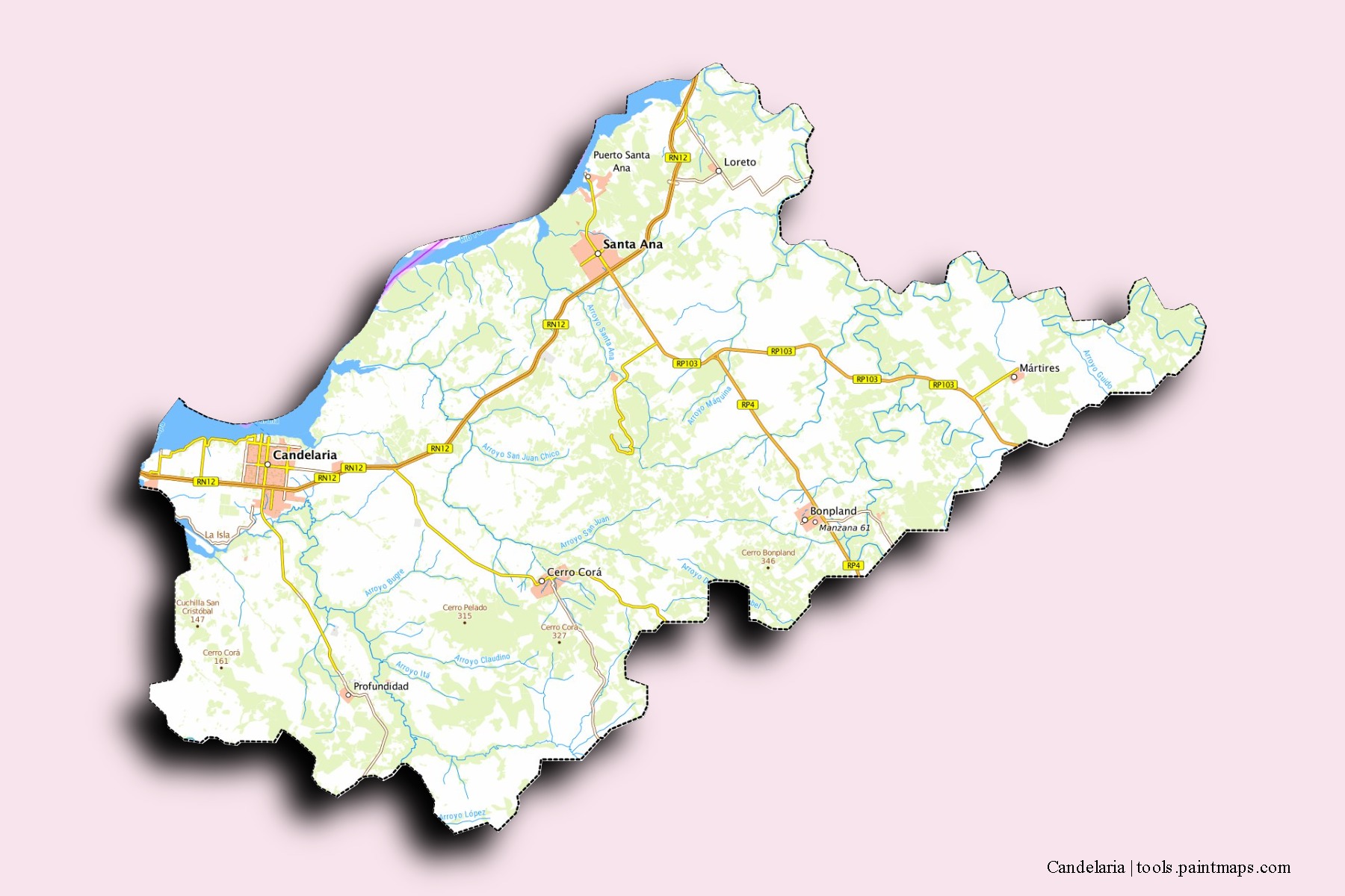 Candelaria neighborhoods and villages map with 3D shadow effect