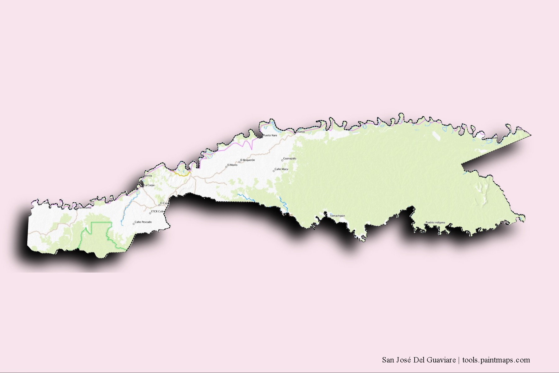 San José Del Guaviare neighborhoods and villages map with 3D shadow effect