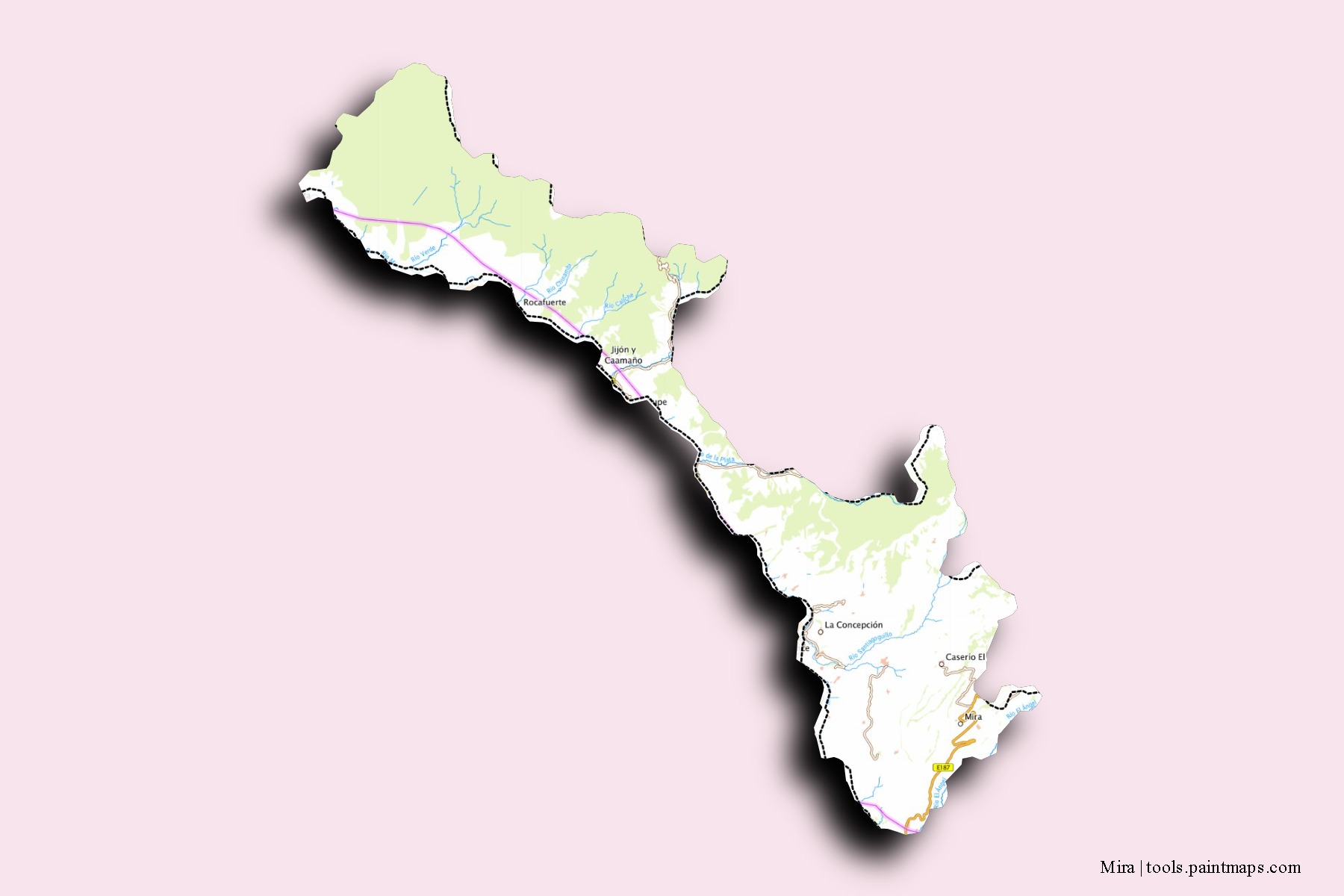 Mapa de barrios y pueblos de Mira con efecto de sombra 3D