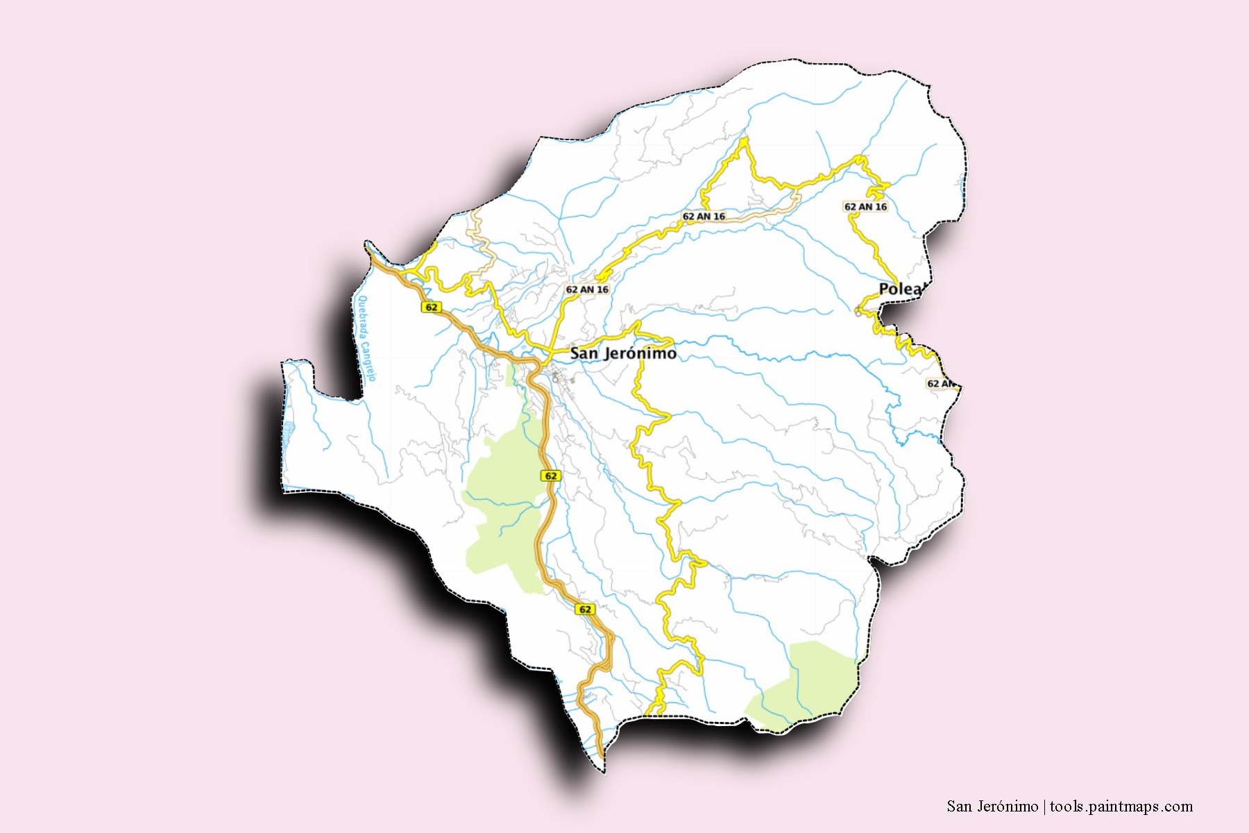 San Jerónimo neighborhoods and villages map with 3D shadow effect