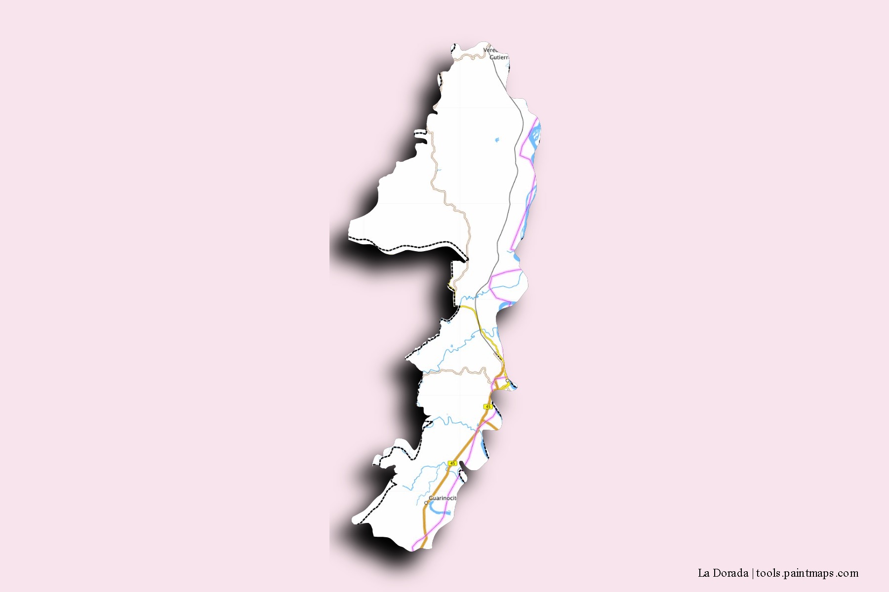 Mapa de barrios y pueblos de La Dorada con efecto de sombra 3D