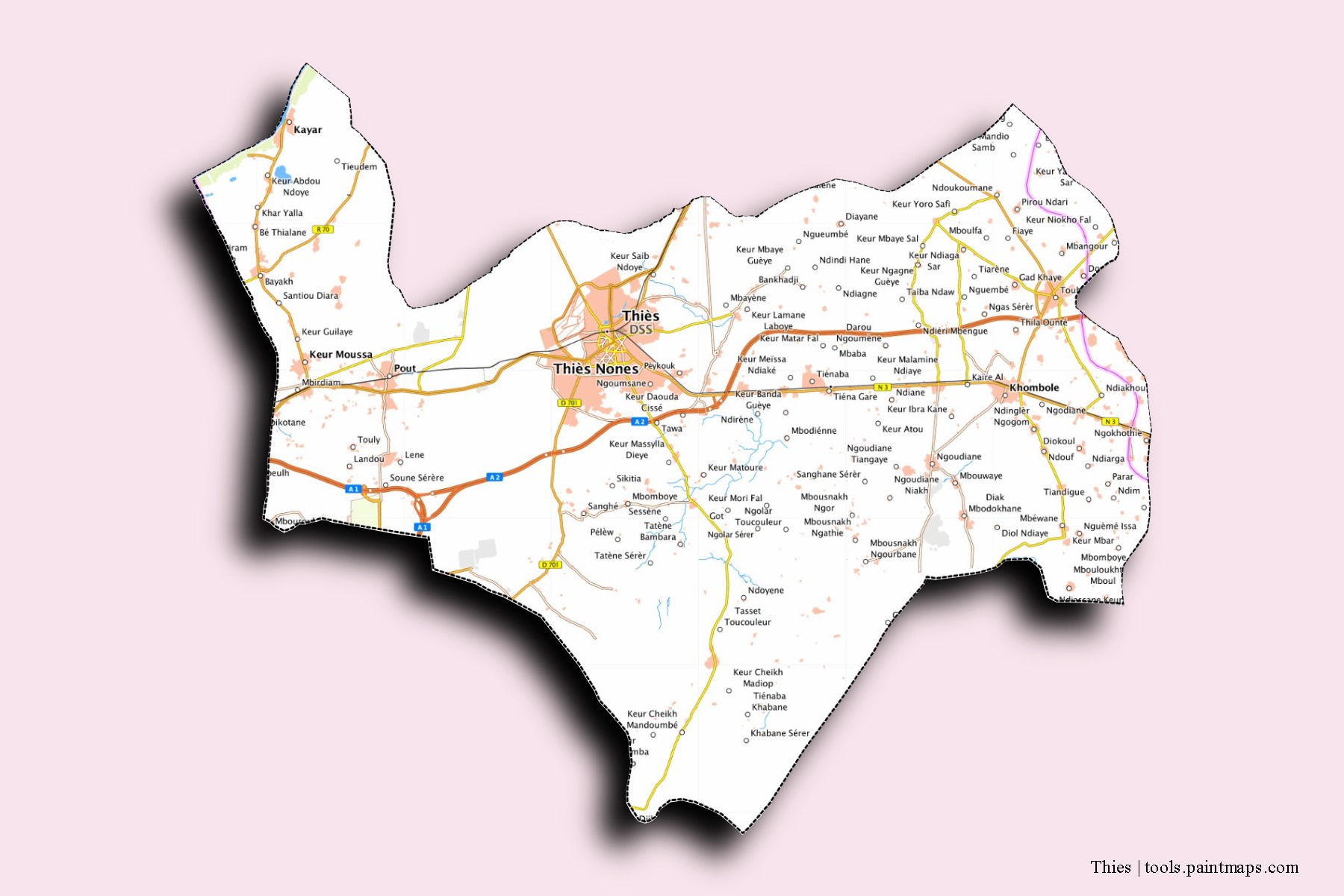 Thiès neighborhoods and villages map with 3D shadow effect