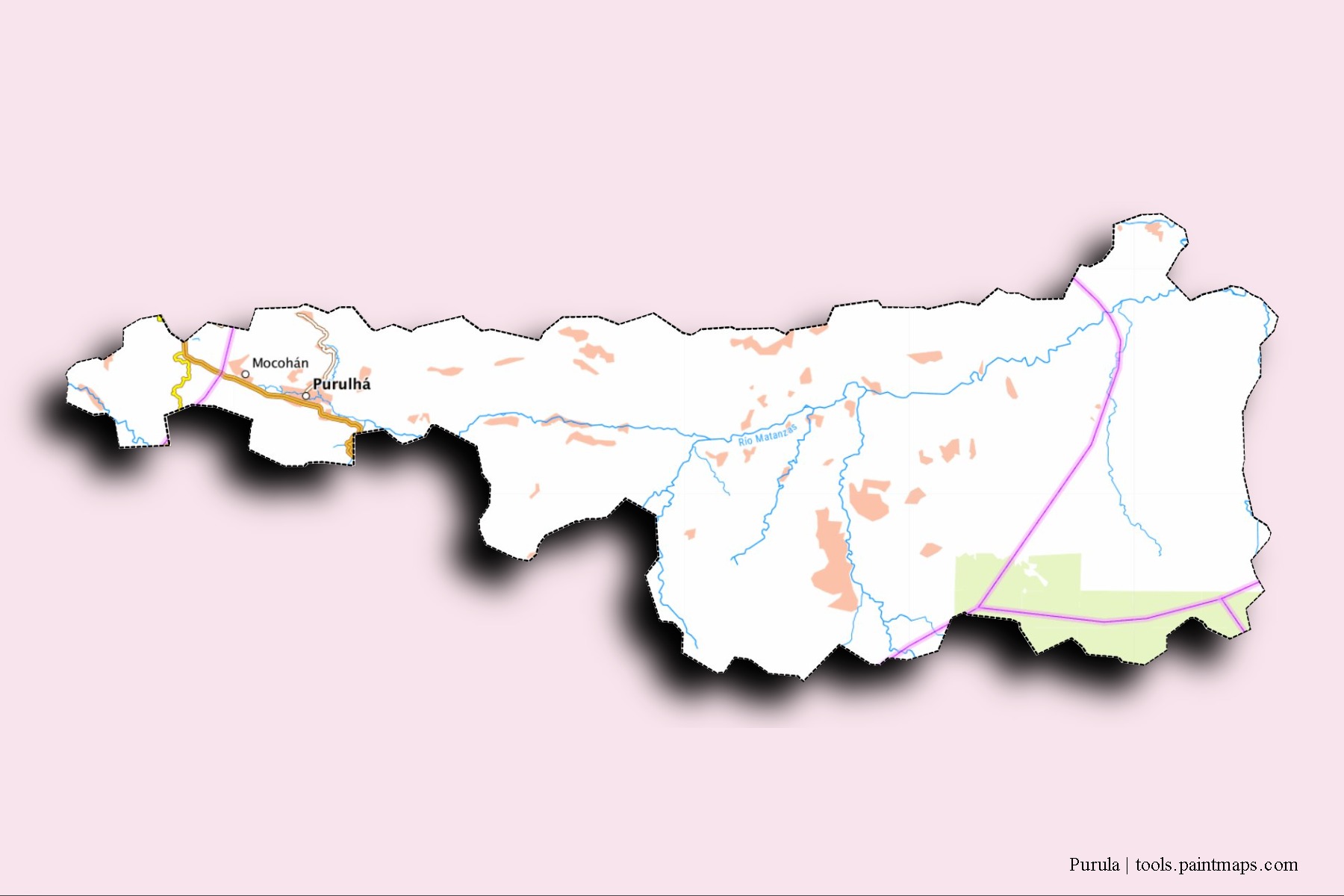 Mapa de barrios y pueblos de Purula con efecto de sombra 3D