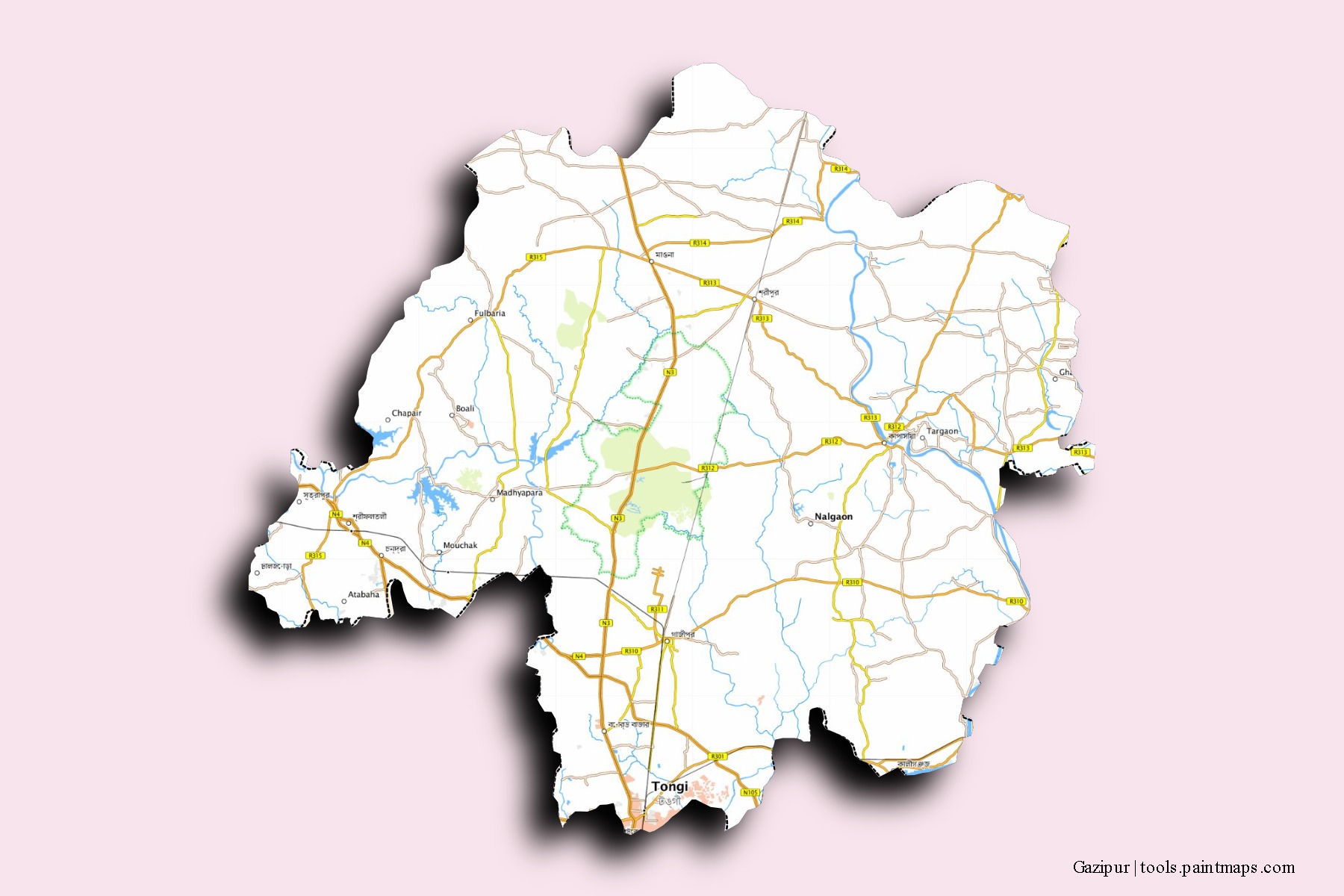 Mapa de barrios y pueblos de Gazipur con efecto de sombra 3D