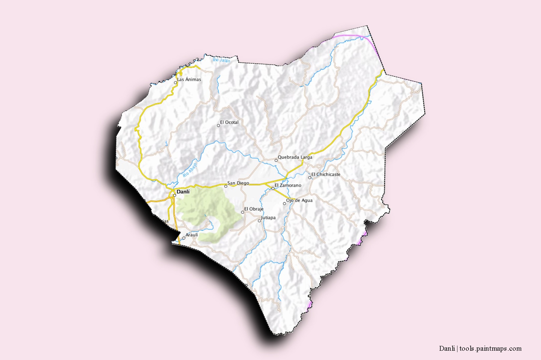 Mapa de barrios y pueblos de Danli con efecto de sombra 3D