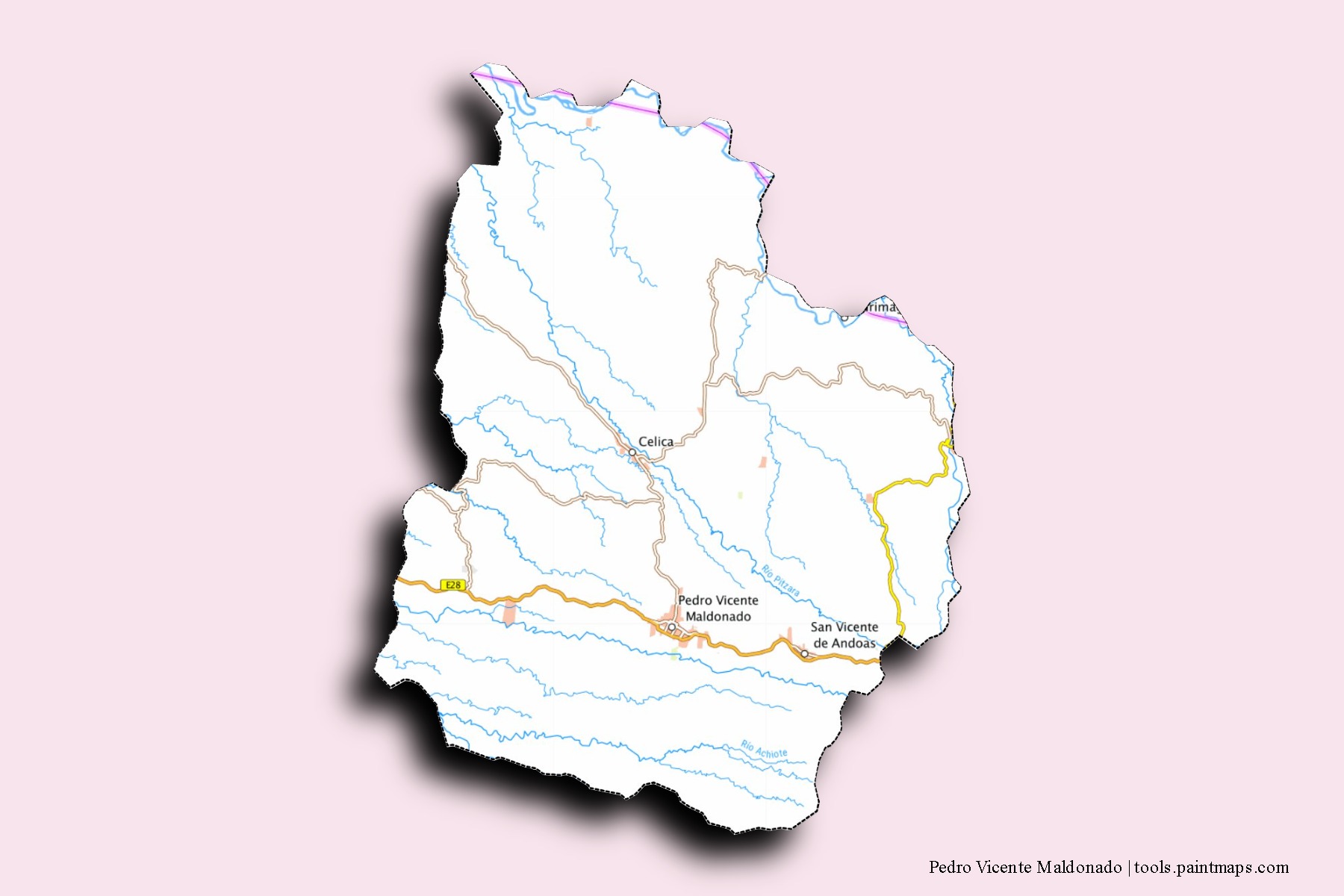 Mapa de barrios y pueblos de Pedro Vicente Maldonado con efecto de sombra 3D