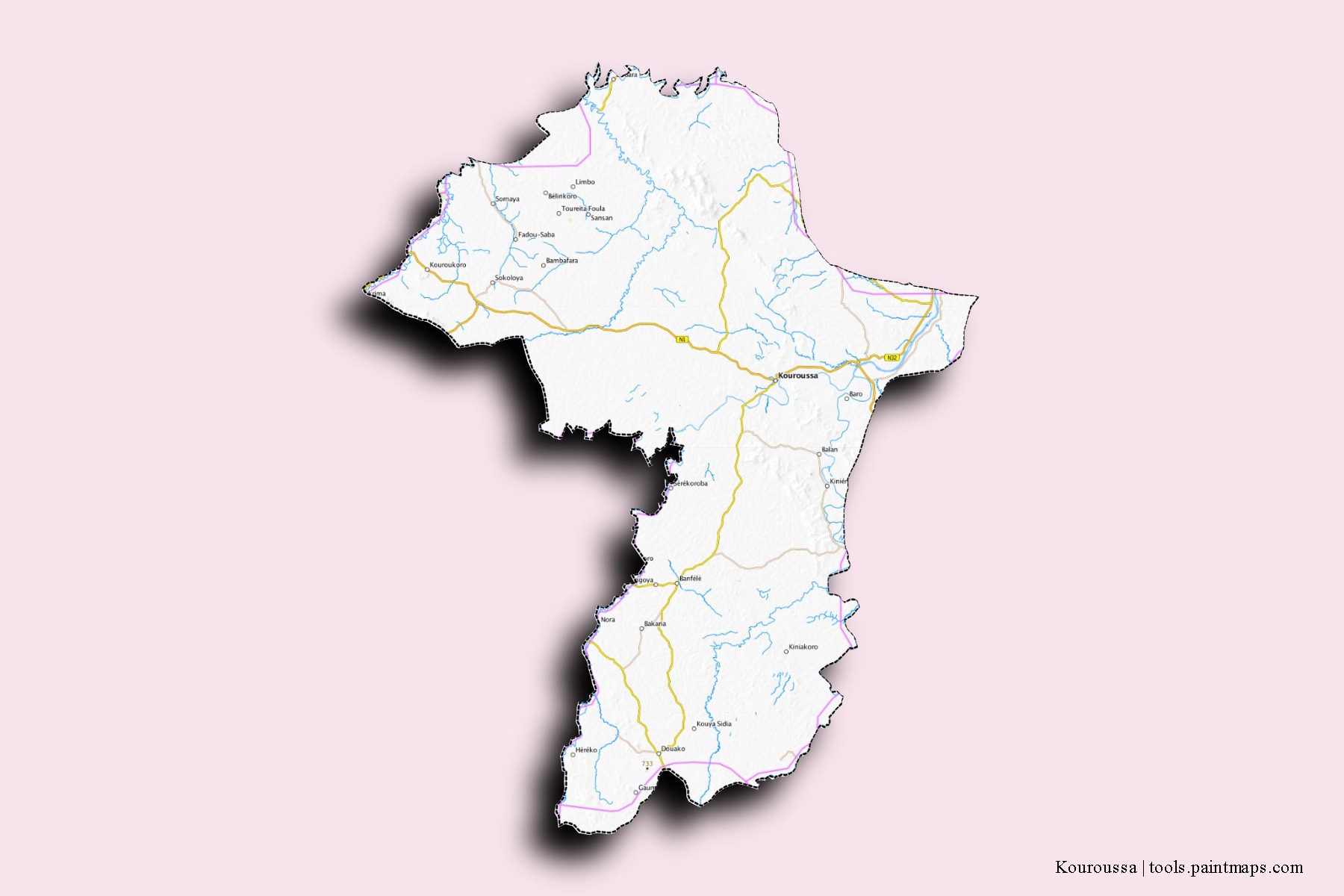 Mapa de barrios y pueblos de Kouroussa con efecto de sombra 3D