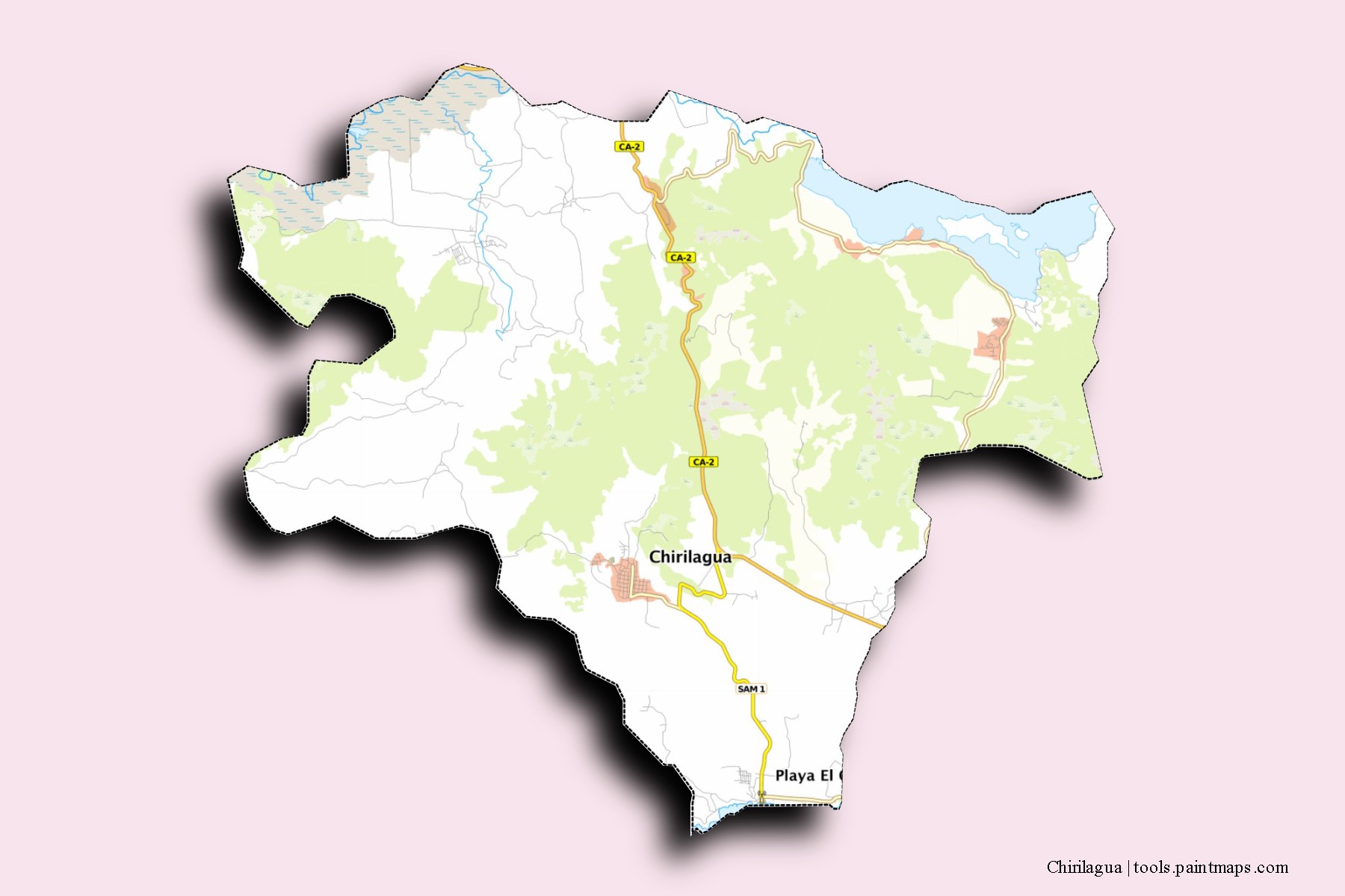 Mapa de barrios y pueblos de Chirilagua con efecto de sombra 3D